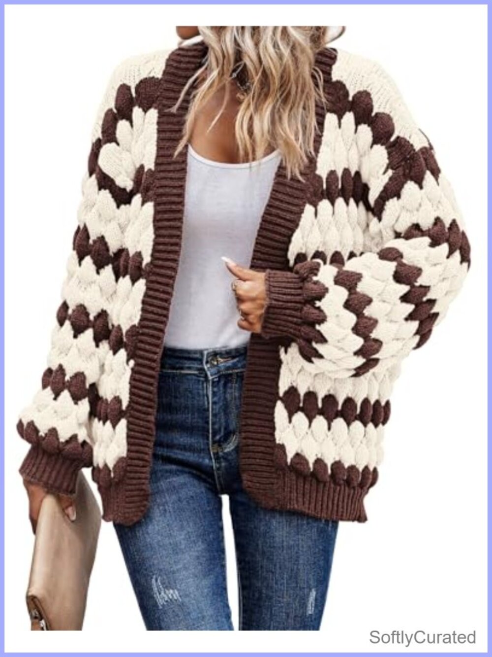 KIRUNDO Chunky Knit Open Front Cardigan Lantern Sleeve Women's